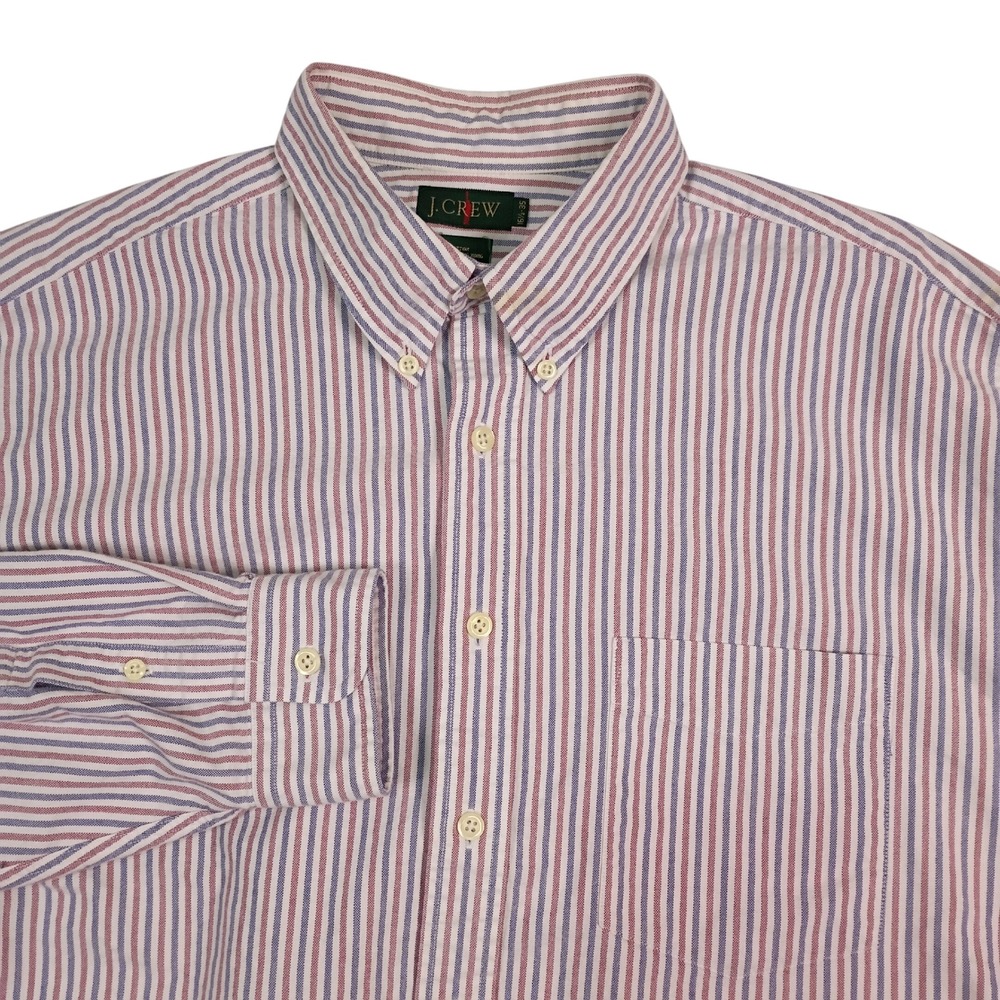 Vintage JCrew Mens 16.5 35 Striped Oxford Button Down Shirt Red‎ Blue White
